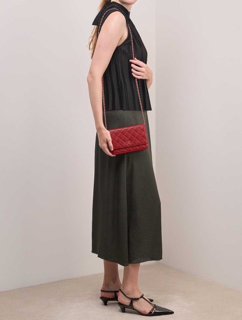 Chanel Timeless Wallet On Chain Lamb Red on Model | Sell your designer bag