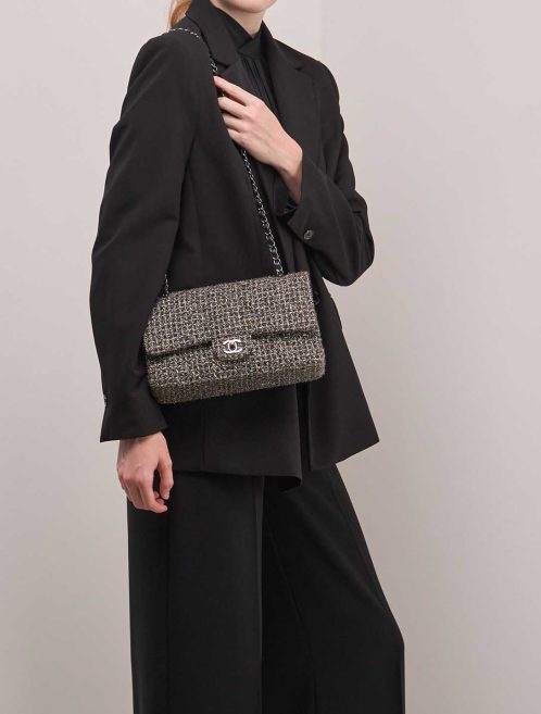 Chanel Timeless Medium Tweed Grey / Silver on Model | Sell your designer bag