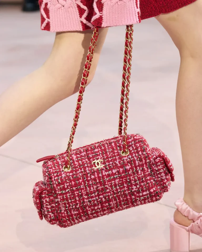 Red tweed Chanel bag with gold chain strap
