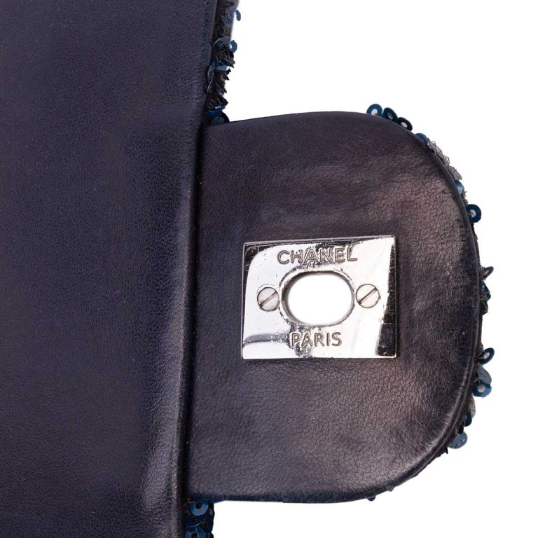 Chanel Timeless Medium Sequins / Satin Blue / Black Logo | Sell your designer bag