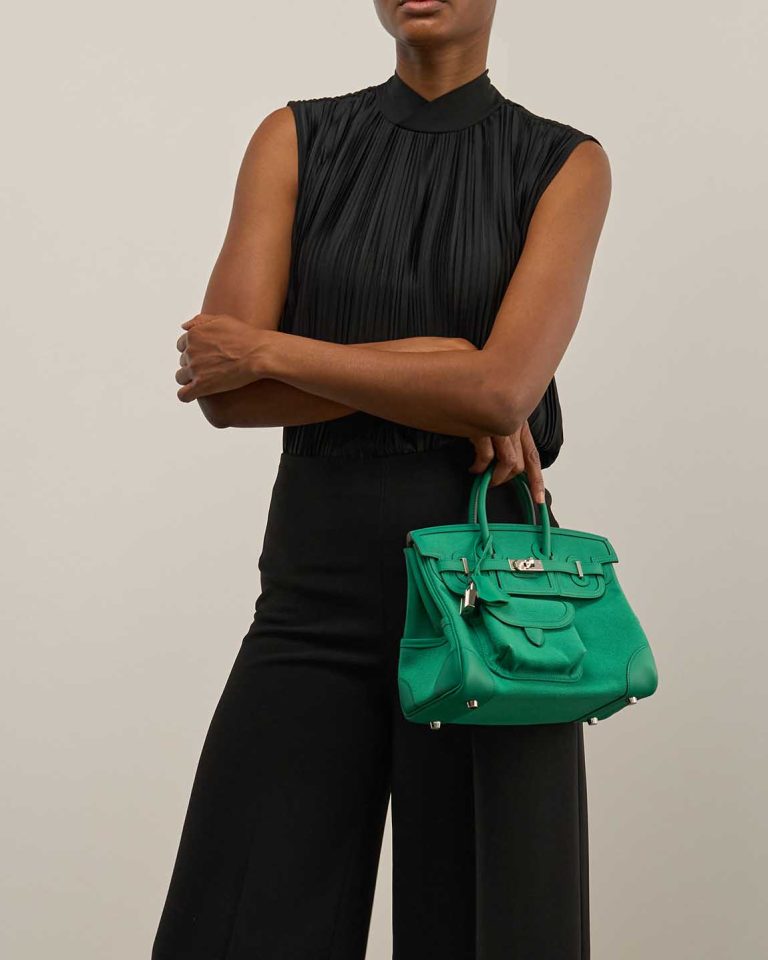 Hermès Birkin Cargo 25 Toile Goeland / Swift Vert Vertigo on Model | Sell your designer bag