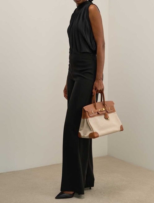 Hermès Birkin 35 Toile / Courchevel Gold / Écru on Model | Sell your designer bag