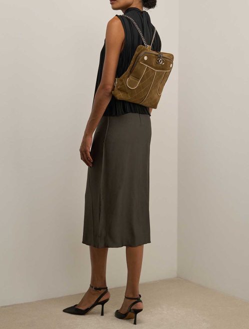 Chanel Backpack Medium Suede Brown on Model | Sell your designer bag
