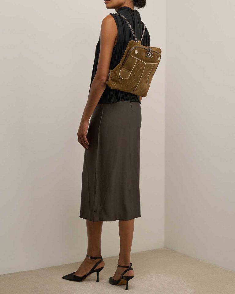 Chanel Backpack Medium Suede Brown on Model | Sell your designer bag