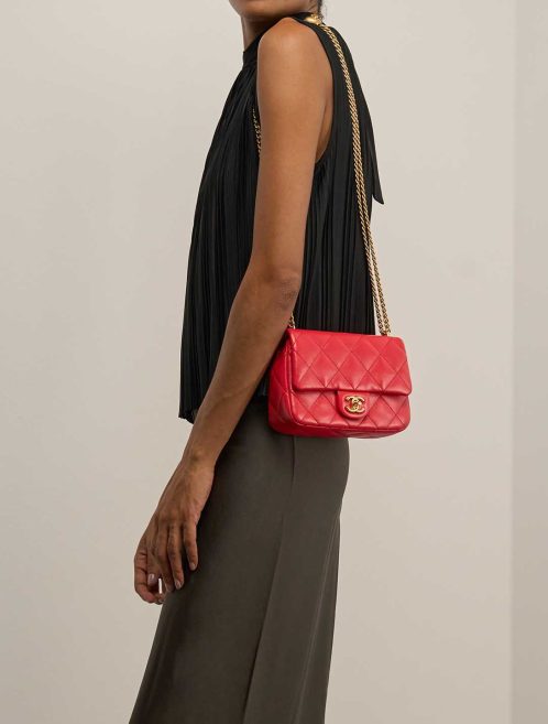 Chanel Timeless Mini Rectangular Lamb Red on Model | Sell your designer bag
