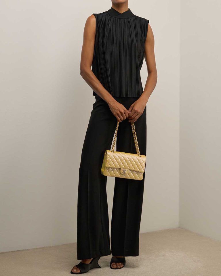 Chanel Timeless Medium Caviar Yellow on Model | Sell your designer bag