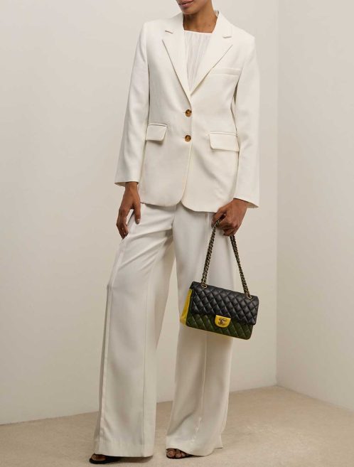 Chanel Timeless Medium Lamb Black / Green / Yellow on Model | Sell your designer bag