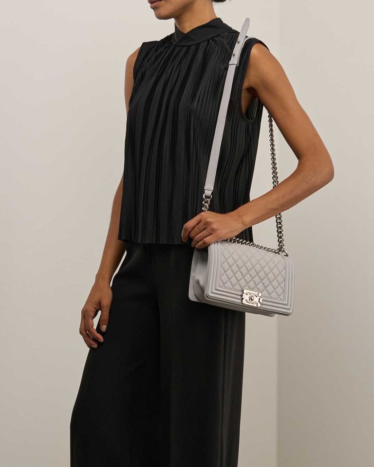 Chanel Boy Old Medium Caviar Light Grey Front | Sell your designer bag
