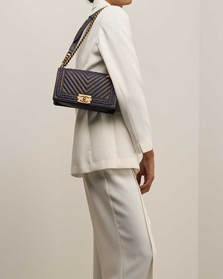 Chanel Boy Old Medium Caviar Blue / Metallic Gold Front | Sell your designer bag