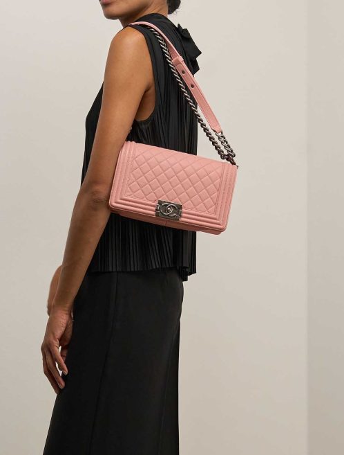Chanel Boy Old Medium Lamb Rose on Model | Sell your designer bag
