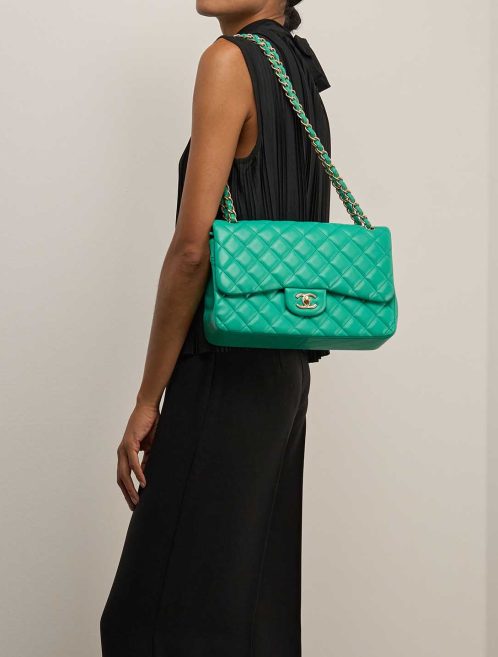 Chanel Timeless Jumbo Lamb Mint on Model | Sell your designer bag