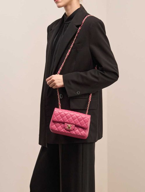 Chanel Timeless Mini Rectangular Lamb Pink on Model | Sell your designer bag