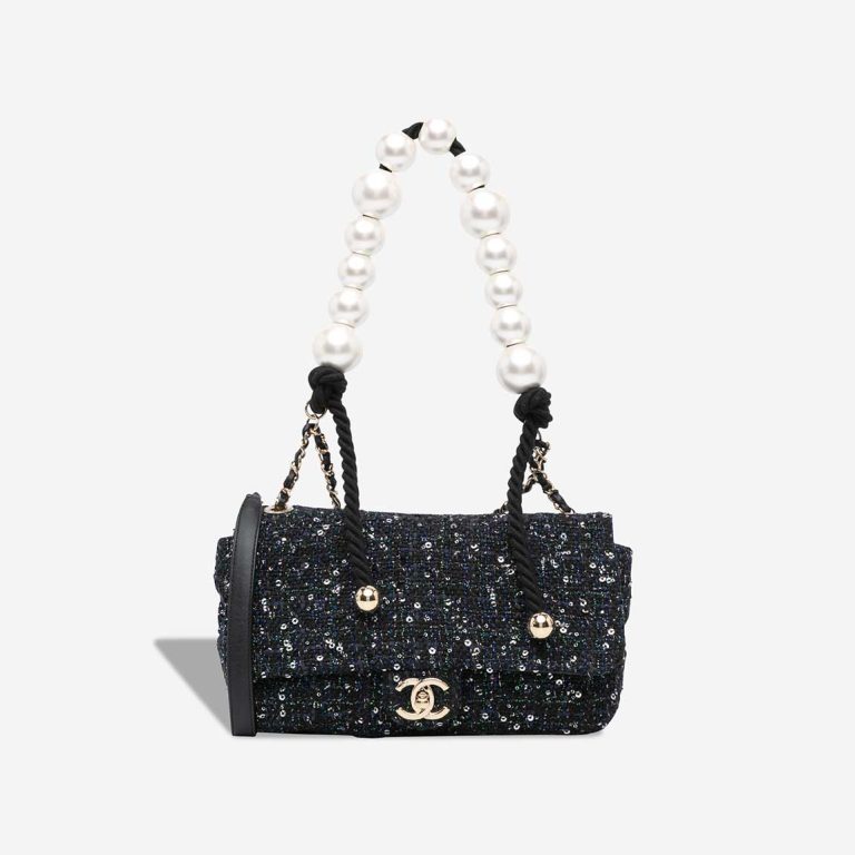 Chanel Flap Bag Medium Pearl Handel Tweed Black / Multicolor Front | Sell your designer bag