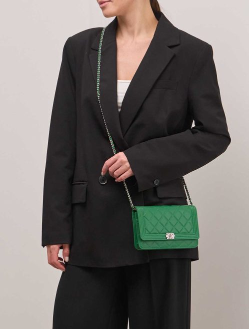 Chanel Boy Wallet On Chain Lamb Green on Model | Sell your designer bag
