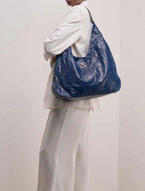 Chanel Hobo Large Aged Calf Blue on Model | Sell your designer bag