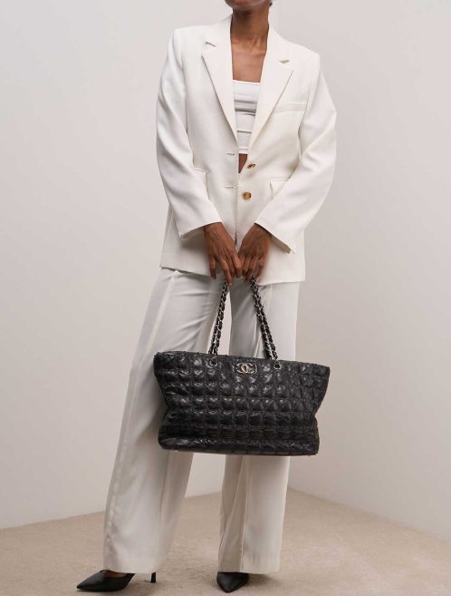 Chanel Shopping Tote GST Lamb / Satin / Tweed Black on Model | Sell your designer bag