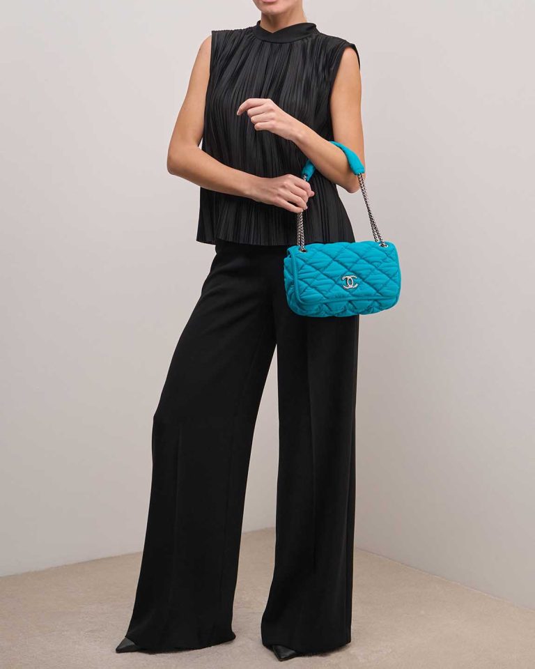 Chanel Flap Bag Medium Jersey Turquoise Front | Sell your designer bag
