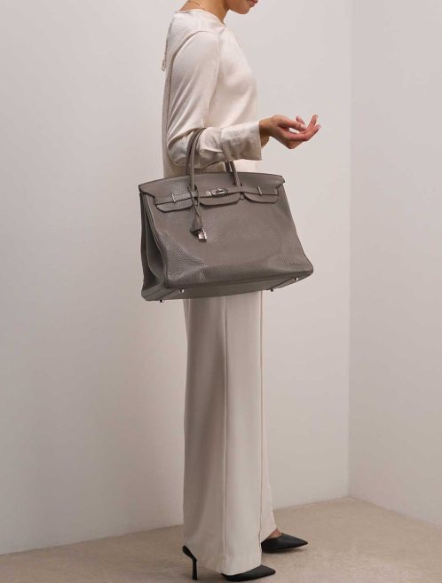 Hermès Birkin 40 Taurillon Clémence Étain on Model | Sell your designer bag
