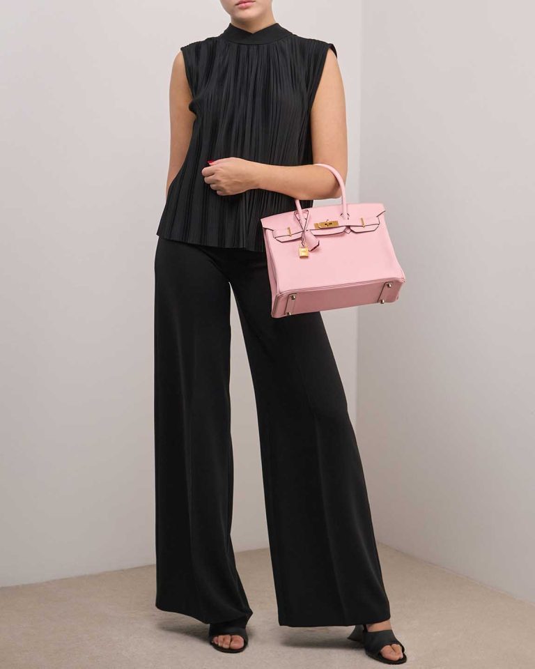 Hermès Birkin HSS 30 Chèvre Mysore Rose Sakura / Rouge Vermillon on Model | Sell your designer bag