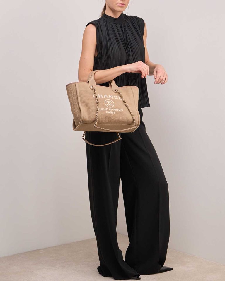 Chanel Deauville Medium Fabric Beige on Model | Sell your designer bag
