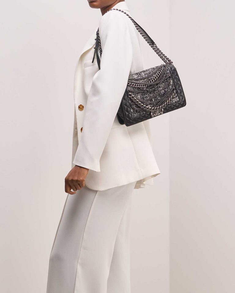 Chanel Boy New Medium Lamb / Tweed Black / Grey on Model | Sell your designer bag