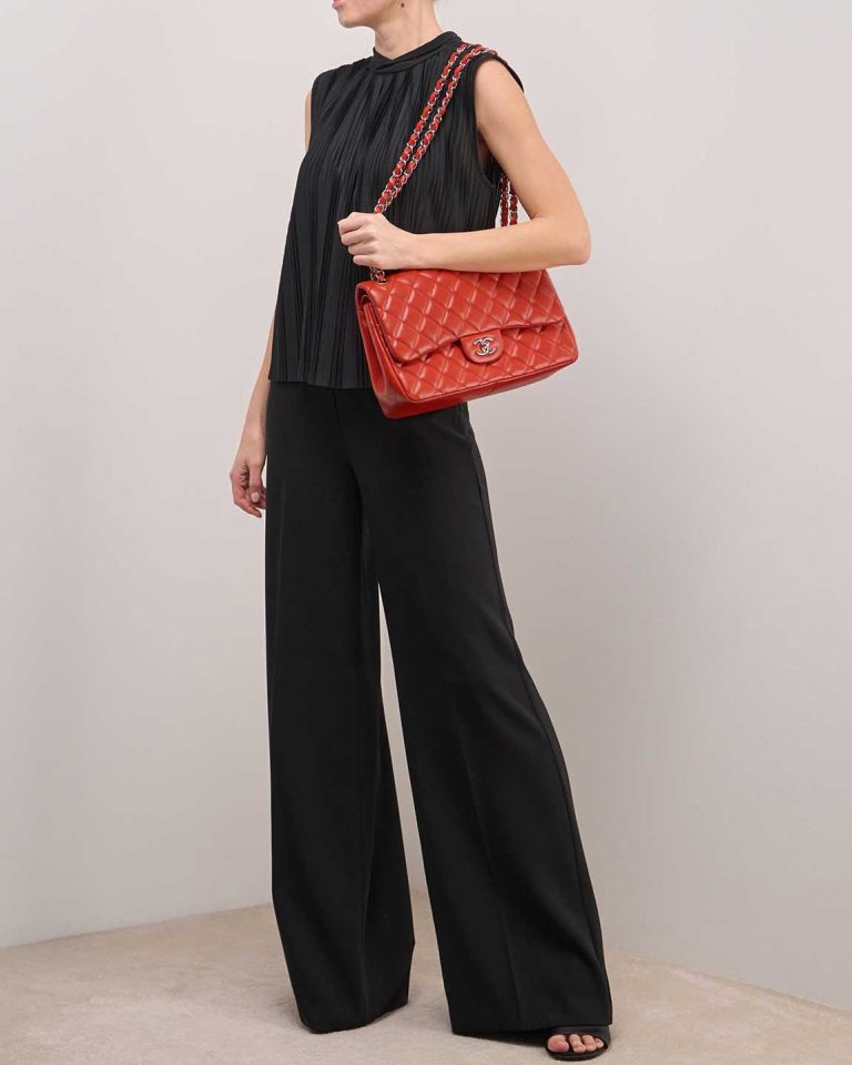 Chanel Timeless Jumbo Lamb Red on Model | Sell your designer bag