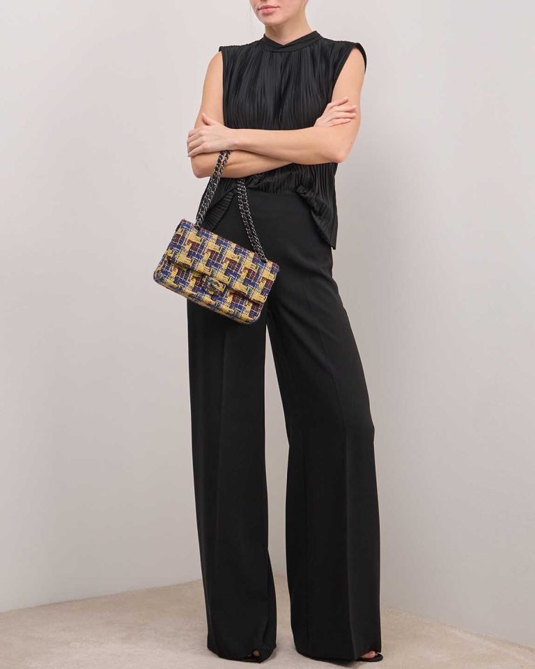 Chanel Timeless Medium Tweed / Calf Yellow / Blue / Brown / Black on Model | Sell your designer bag