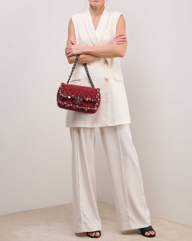 Chanel Timeless Medium Tweed Red on Model | Sell your designer bag