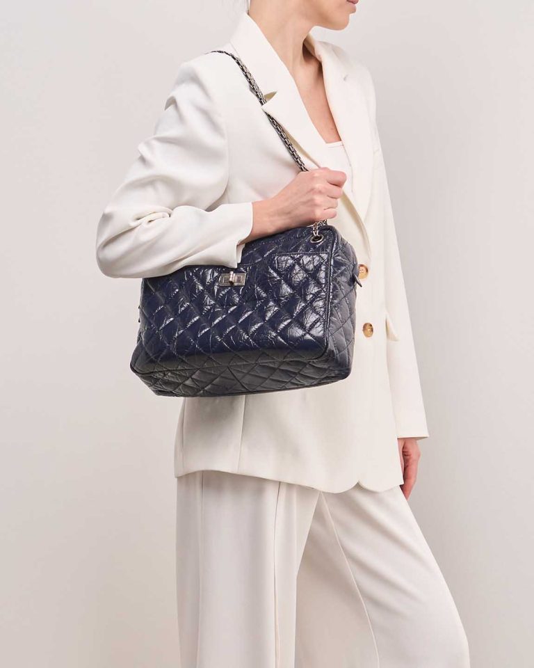 Chanel Camera Bag Patent Grey Blue on Model | Sell your designer bag